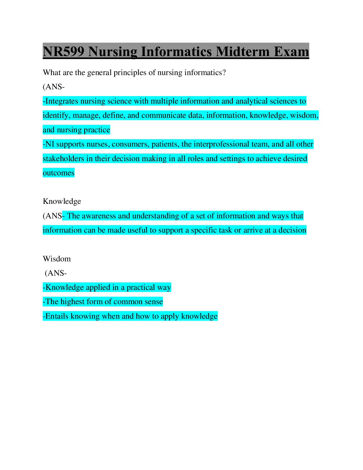 Preview image of NR599 Nursing Informatics Midterm Exam/Updated Version/Guaranteed A+Guide document